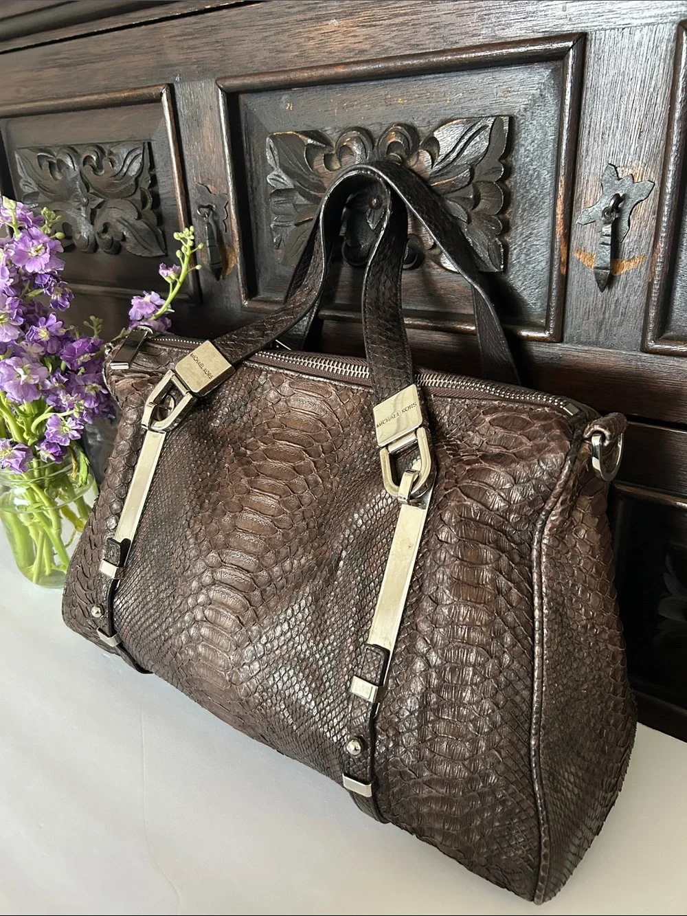 Michael Kors Brown Textured Leather Satchel with Silver-Tone Hardware